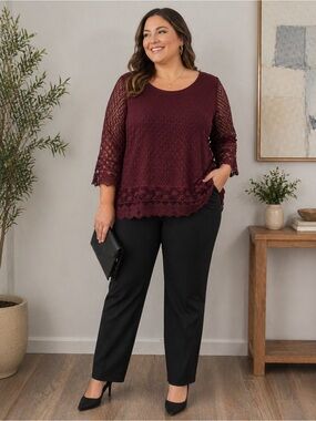 Women's Lace-Trim Long Sleeve Top - Burgundy